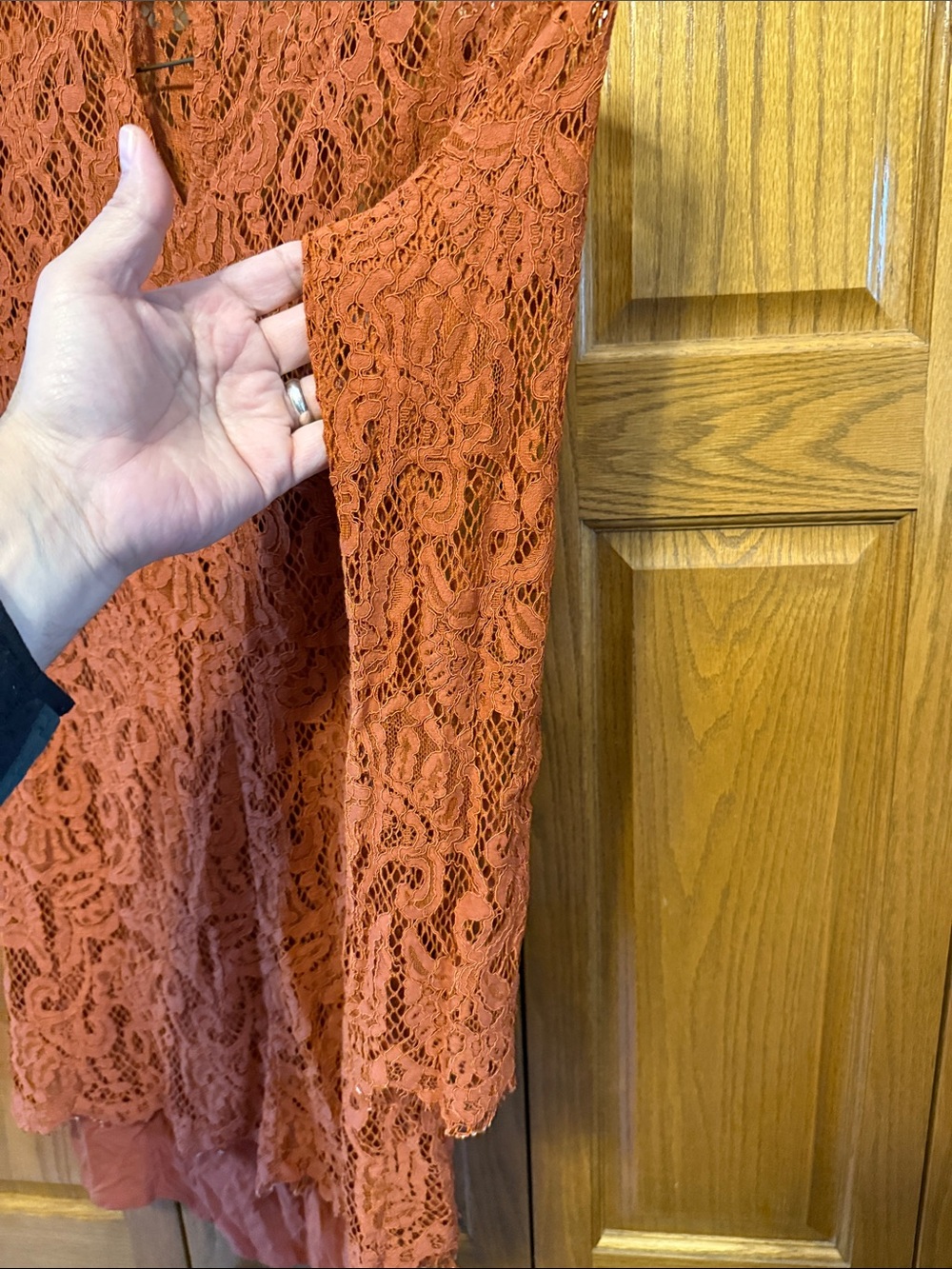 Lace Long-Sleeve Mock Neck Dress- Rust/Size: Medium - Picture 9 of 10